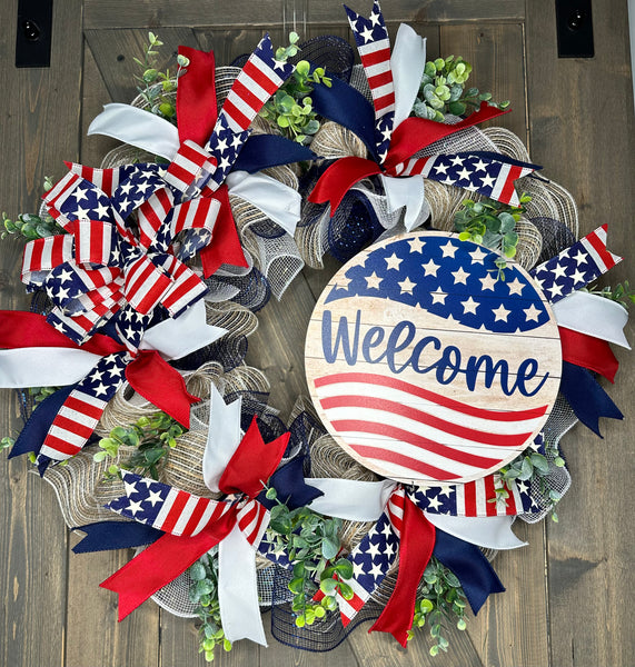 Patriotic Welcome Wreath, USA Flag Wreath, Red, White & Blue Memorial Day Wreath, 4th of July Wreath, Independence Day Wreath, Handmade Front Door Welcome Patriotic Wreath