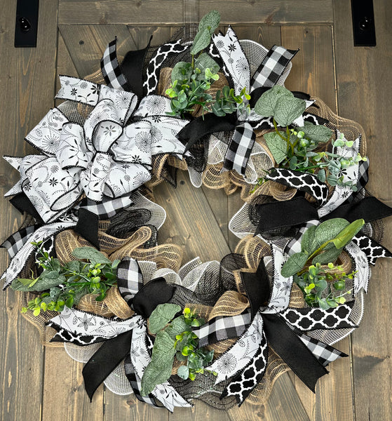 Black & White Wreath, Front Door Wreath, Neutral Deco Mesh Wreath, Doodle Flower Wreath