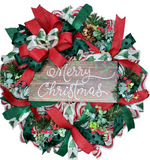 Merry Christmas Wreath, Christmas Wreath for Front Door, Handmade 24" Christmas Wreath