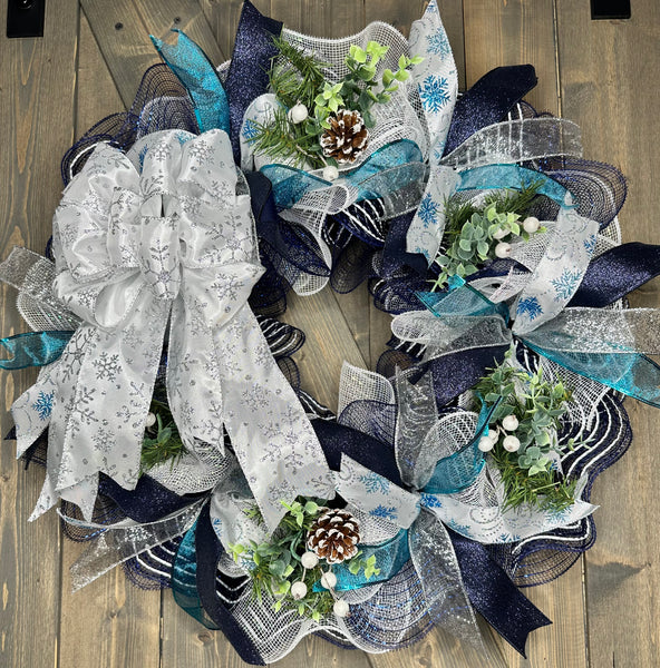 Navy, Silver & Turquoise Snowflake Winter Handmade Wreath