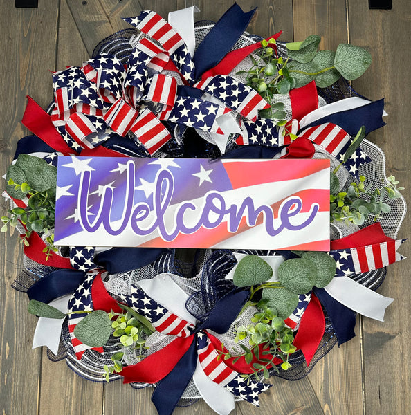 Patriotic Wreath, USA Flag Wreath, Red, White & Blue Memorial Day Wreath, 4th of July Wreath, Independence Day Wreath, Handmade Front Door Welcome Patriotic Wreath