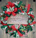 Merry Christmas Wreath, Christmas Wreath for Front Door, Handmade 24" Christmas Wreath