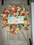 Welcome Autumn Country Blue Handmade 24" Deco Mesh Wreath for Front Door