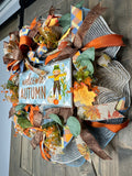 Welcome Autumn Country Blue Handmade 24" Deco Mesh Wreath for Front Door