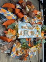 Welcome Autumn Country Blue Handmade 24" Deco Mesh Wreath for Front Door