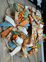 Fall Pumpkin & Country Blue Handmade 24" Deco Mesh Wreath