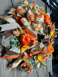 Fall Pumpkin Wreath, Handmade 24" Fall Deco Mesh Wreath for Front Door, Thanksgiving Wreath, Autumn Wreath