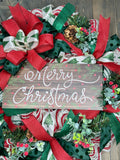 Merry Christmas Wreath, Christmas Wreath for Front Door, Handmade 24" Christmas Wreath