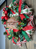 Merry Christmas Wreath, Christmas Wreath for Front Door, Handmade 24" Christmas Wreath