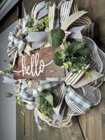 Gray & Beige Farmhouse Shabby Chic Cottage Rustic Handmade Front Door Hello Year-Round Wreath