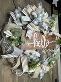 Gray & Beige Farmhouse Shabby Chic Cottage Rustic Handmade Front Door Hello Year-Round Wreath