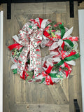 Adorable Gnome Green & Red with Grey Accents Christmas Holiday Handmade Wreath