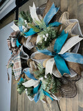 Turquoise, Brown & Natural Plaid Winter Handmade Wreath