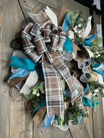 Turquoise, Brown & Natural Plaid Winter Handmade Wreath