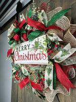Christmas Country Farmhouse Handmade Deco Mesh Red and Green Wreath