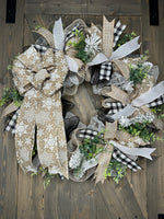 Natural, Black & White Snowflake Winter Rustic Country Farmhouse Winter Handmade Wreath