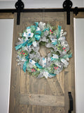 Turquoise Snowflake and Gray Handmade Winter Wreath