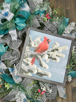 Red Cardinal Turquoise Snowflake and Grey Handmade Winter Wreath