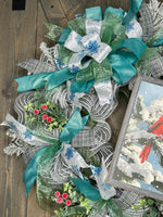 Red Cardinal Turquoise Snowflake and Grey Handmade Winter Wreath