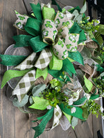 St. Patrick's Day Wreath, Handmade Shamrock, Green, Deco Mesh, Handmade, Front Door Irish Wreath
