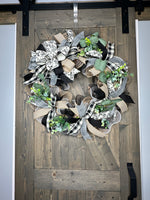 Gray, Black and Cream Buffalo Plaid Toile Farmhouse Handmade Wreath