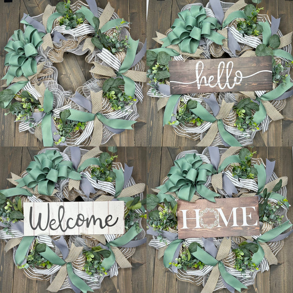 Boho Style Sage, Natural & Gray Farmhouse Handmade Wreath **Sign options available