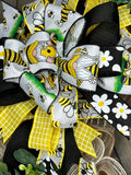Spring and Summer Gnome Yellow, Black, White Bumble Bee Handmade Wreath