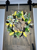 Spring and Summer Gnome Yellow, Black, White Bumble Bee Handmade Wreath