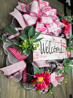 Pink Flamingo Handmade Deco Mesh Tropical Welcome Wreath
