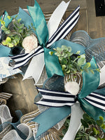 Beach, Coastal, Nautical Handmade Wreath, Cream, Smoke Blue, Turquoise & Navy Coastal Beach Wreath
