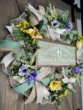 Sage, Yellow and Lavender Floral Farmhouse Handmade Front Door Wreath, available with or without the sign