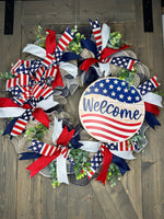 Patriotic Welcome Wreath, USA Flag Wreath, Red, White & Blue Memorial Day Wreath, 4th of July Wreath, Independence Day Wreath, Handmade Front Door Welcome Patriotic Wreath