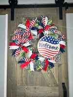 Patriotic Welcome Wreath, USA Flag Wreath, Red, White & Blue Memorial Day Wreath, 4th of July Wreath, Independence Day Wreath, Handmade Front Door Welcome Patriotic Wreath