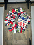 Patriotic Welcome Wreath, USA Flag Wreath, Red, White & Blue Memorial Day Wreath, 4th of July Wreath, Independence Day Wreath, Handmade Front Door Welcome Patriotic Wreath