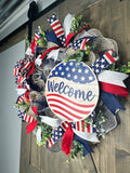 Patriotic Welcome Wreath, USA Flag Wreath, Red, White & Blue Memorial Day Wreath, 4th of July Wreath, Independence Day Wreath, Handmade Front Door Welcome Patriotic Wreath