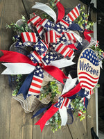 Patriotic Welcome Wreath, USA Flag Wreath, Red, White & Blue Memorial Day Wreath, 4th of July Wreath, Independence Day Wreath, Handmade Front Door Welcome Patriotic Wreath