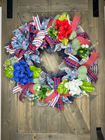 4th of July Patriotic Hydrangea Wreath, Red, White & Blue Wreath, 4th of July Wreath, Independence Day Wreath, Handmade Front Door Patriotic Wreath