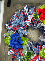 4th of July Patriotic Hydrangea Wreath, Red, White & Blue Wreath, 4th of July Wreath, Independence Day Wreath, Handmade Front Door Patriotic Wreath