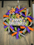 Happy Halloween Wreath, Happy Halloween Wreath, Candy Corn Bow Halloween Wreath, Halloween Door Decor