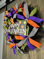 Happy Halloween Wreath, Happy Halloween Wreath, Candy Corn Bow Halloween Wreath, Halloween Door Decor