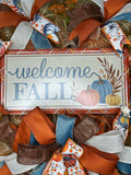 Welcome Fall Country Blue Handmade 24" Deco Mesh Wreath for Front Door