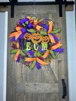 Welcome Halloween Wreath, Pumpkin Welcome Halloween Wreath, 24" Handmade Halloween Wreath