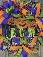 Welcome Halloween Wreath, Pumpkin Welcome Halloween Wreath, 24" Handmade Halloween Wreath