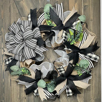Ivory & Black Ticking Linen Stripe Farmhouse Handmade Wreath