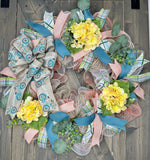 Yellow Hydrangea Turquoise and Coral Bicycle Inspried Spring & Summer Welcome Handmade Wreath