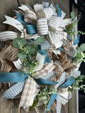 Smoke Blue and Ivory Ticking Stripe Country Farmhouse Style Handmade Wreath