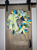 Yellow Navy & Turquoise Floral Bow Spring & Summer Handmade Wreath