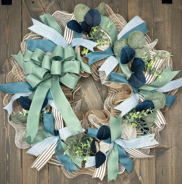 Country Sage, Natural & Smoky Blue Farmhouse Front Door Handmade Wreath