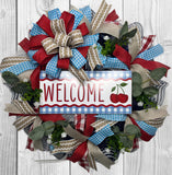 Red, Turquoise and Beige Cherry Americana Welcome Handmade Wreath