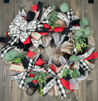 EXPECTED BACK IN STOCK IN FALL Toile Ribbon & Red Farmhouse Front Door Handmade Wreath